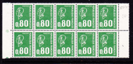 FRANCE N°1891b 0.80 VERT TYPE BECQUET BLOC DE 10 SANS PHOSPHORE NEUF SANS CHARNIERE - Nuevos