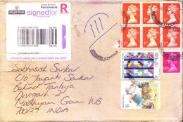 GREAT BRITAIN 2013 REGISTERED AIRMAIL COVER - POSTED FOR INDIA - USE OF COMMEMORATIVE STAMPS - Brieven En Documenten