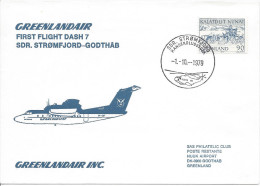 Greenlandair Premier Vol Dash 7 SDR Stromfjord Godthab 1/10 /1979 Cachet Illustré Hélicoptère SDR Stromfjord Aviation - Marcophilie