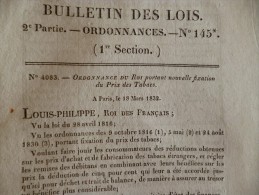 Bulletin Des Lois N° 145. Ordonnance Du Roi Portant Nouvelle Fixation Des Prix Du Tabac. 18/03/1832 - Decretos & Leyes