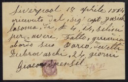 LIVERPOOL - GB  / 1884 FISCAL SUR RECU (ref 5697) - Lettres & Documents