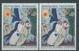 [07] Variété : N° 1398 Chagall Soleil Jaune Pâle Au Lieu D'orange + Normal  ** - Unused Stamps