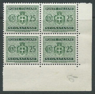 1945 LUOGOTENENZA SEGNATASSE 25 CENT NO FILIGRANA QUARTINA LUSSO MNH ** - SV2-5 - Impuestos