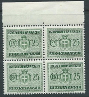 1945 LUOGOTENENZA SEGNATASSE 25 CENT NO FILIGRANA QUARTINA MNH ** - SV6-9 - Impuestos