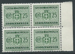 1945 LUOGOTENENZA SEGNATASSE 25 CENT NO FILIGRANA QUARTINA MNH ** - SV7-2 - Taxe