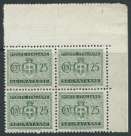 1945 LUOGOTENENZA SEGNATASSE 25 CENT FILIGRANA RUOTA QUARTINA LUSSO MNH ** - SV8-3 - Strafport