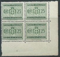 1945 LUOGOTENENZA SEGNATASSE 25 CENT FILIGRANA RUOTA QUARTINA LUSSO MNH ** - SV8-9 - Impuestos