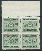 1945 LUOGOTENENZA SEGNATASSE 25 CENT FILIGRANA RUOTA QUARTINA MNH ** - SV9-4 - Impuestos