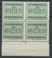 1945 LUOGOTENENZA SEGNATASSE 25 CENT FILIGRANA RUOTA QUARTINA MNH ** - SV9-6 - Impuestos