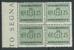 1945 LUOGOTENENZA SEGNATASSE 25 CENT FILIGRANA RUOTA QUARTINA MNH ** - SV9-7 - Impuestos