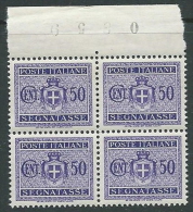 1945 LUOGOTENENZA SEGNATASSE 50 CENT NO FILIGRANA QUARTINA MNH ** - SV6-2 - Taxe