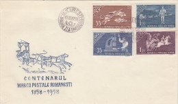 ROMANIAN STAMPS  CENTENARY, POST-CHASE, MESSENGERS, STAMPS MACHINE, EMBOISED COVER FDC, 1958, ROMANIA - FDC