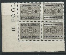 1945 LUOGOTENENZA SEGNATASSE 40 CENT FILIGRANA RUOTA QUARTINA LUSSO MNH ** - SV2-8 - Taxe