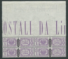 1945 LUOGOTENENZA PACCHI POSTALI 1 LIRA QUARTINA LUSSO MNH ** - SV15-7 - Colis-postaux