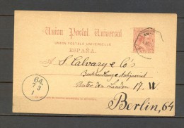 1890 BARCELONA, ENTERO POSTAL ED. 21, CIRCULADO A BERLIN,  MATASELLOS AMBULANTE BAR - PORT - 1850-1931