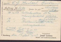 Bayern JOSEF LORENZ Metall- U. Lederwarenfabrik BAMBERG 1915 Card Karte To BAUTZEN I. S. (2 Scans) - Storia Postale