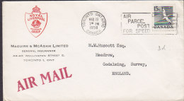 Canada Airmail ROYAL LIVERPOOL Insurance Grp., TORONTO Ontario 1958 Cover Lettre LONDON England Bird Vogel Oiseau - Cartas & Documentos