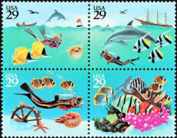 1994 USA Wonders Of The Sea Stamps Sc#2863-66 2866a Fish Ship Shell Bird Diving Ocean - Buceo