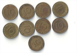 Monnaie Allemagne, 10 Pfennig Lot De 9 Pièces - 10 Pfennig