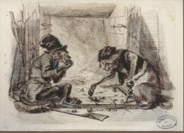 Dessin Gustave Doré, Animaux Humanisés, Jeu Devant Une Cheminée - Photo, Tampon Bibliothèque Nancy - Chat, Fable, Rat - Dessins