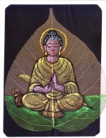 GREETINGS CARD - HAND COLOUR PAINTED LORD BUDDHA ON REAL PIPAL LEAF - Personnages