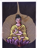 GREETINGS CARD - HAND COLOUR PAINTED LORD BUDDHA ON REAL PIPAL LEAF - Personen