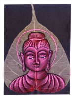 GREETINGS CARD - HAND COLOUR PAINTED LORD BUDDHA ON REAL PIPAL LEAF - Personaggi