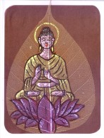 GREETINGS CARD - HAND COLOUR PAINTED LORD BUDDHA ON REAL PIPAL LEAF - People