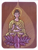 GREETINGS CARD - HAND COLOUR PAINTED LORD BUDDHA ON REAL PIPAL LEAF - Personaggi