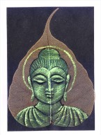 GREETINGS CARD - HAND COLOUR PAINTED LORD BUDDHA ON REAL PIPAL LEAF - Personnages