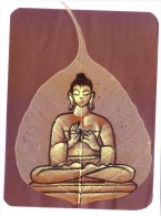 GREETINGS CARD - HAND COLOUR PAINTED LORD BUDDHA ON REAL PIPAL LEAF - Personnages