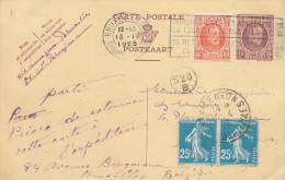 363/23 - Entier HOUYOUX +  TP Idem - Tarif 45 C Bruxelles 1925 Vers France , MIXTE Réexpédiée TP Semeuse MENTON - Postkarten 1909-1934