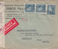 BELGIQUE LETTRE EXPRES 1941. CENSURE. AFFRANCHIE à 5.25Fr.   LIEGE -  FRANCE. SAVONNERIE DUBOIS RUE DES CHAMPS/ 2571 - Guerra 40 – 45 (Cartas & Documentos)