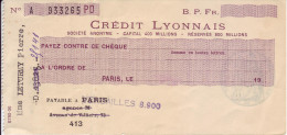 Chèque Crédit Lyonnais, Année 40. - Cheques En Traveller's Cheques