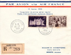 France-Colombie, Paris-Bogota 1953 Registered FFC / Erstflugbrief "Air France"+OP Label AF 26 - Primeros Vuelos