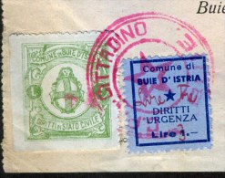 ITALIA  - SLOVENIA  - CERTIFICATO  C.P.L. CITTADINO  DI  BUIE  D'ISTRIA  - BUJE - ISTRIA  - Lire + Dinari - 1946 - RARE - Fiscale Zegels