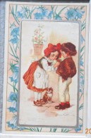 CPA Litho Illustrateur CASTELLI ENFANT Chat Et Fille Fillette Cousant Fleur A Boutonniere Garcon Bord DECOUPIS Bleuet - Castelli