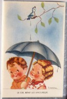 Litho Illustrateur GOUGEON  Enfant Duo Enfants Amoureux Sous Parapluie Caca Oiseau Branche Edition Comiques - Gougeon