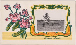 ASIE,ASIA,INDOCHINE Française,VIETNAM,carte Photo,double,bonne Année,souvenir Du Viet Nam,animaux,vache,buffle - Vietnam