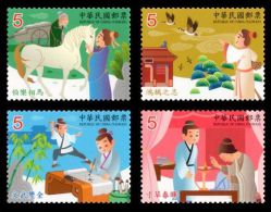 2015 Chinese Idiom Stories Stamps Fairy Tale Horse Swan Bird Pen Sword Candle Needle Costume - Cygnes