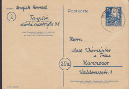 Germany DDR Postal Stationery Ganzsache Entier 12 Pf. Friedr. Engels TEMPLIN 1949 To HANNOVER (2 Scans) - Postkarten - Gebraucht