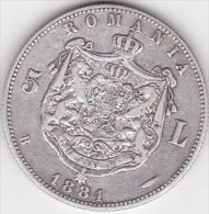 5963A  Coin - Kingdom Of Romania - 5 Lei 1881 - Carol I - Thin "G" In "Rege"/King - Silver - Rare - Mintage 570000 - Romania