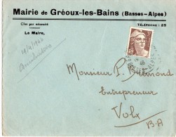 04  GREOUX Les BAINS  Lettre De La MAIRIE  1946 - Gréoux-les-Bains