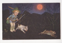 Cpa Chasseur Chien Et Lapin De Nuit Pleine Lune Signée E COLOMBO 1902 - Colombo, E.