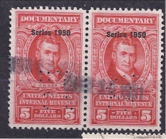 UnitedStates1950:DOCUMENTARY Stamps $5(used Perfin Pair) - Fiscale Zegels