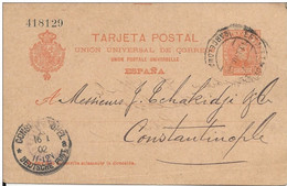 ESPAGNE - 1902 - CP ENTIER POSTAL De BARCELONA ESTAFETA ! => CONSTANTINOPLE (BUREAU ALLEMAND EN TURQUIE) !! - 1850-1931