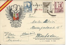 ESPAGNE - 1938 - CARTE De PROPAGANDE NATIONALISTE FRANCO Avec TIMBRE LOCAL De SEVILLA Pour WIESBADEN (ALLEMAGNE) - Storia Postale