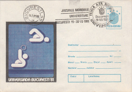 14413- WORLD UNIVERSITY GAMES, WATER POLO, COVER STATIONERY, 1981, ROMANIA - Waterpolo