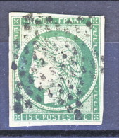 Francia 1850 Ceres N. 2, C. 15 Verde  Smeraldo, Annullo Stella, Ottimi Margini, Molto Fresco, Firmato Biondi - 1849-1850 Ceres