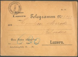 Enveloppe Telegramme Expéédiée De LUZERN (cachet TELEGRAPHEN BUREAU) Le 25-VIII-1897 à La COmtesse De Mérode Au Belveder - Telegrafo